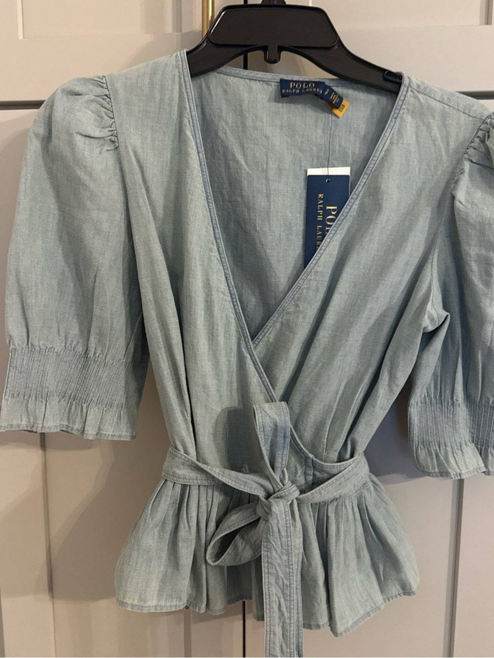 Polo Ralph Lauren Chambray Denim Ruffled Hem Wrap Blouse Small NWT